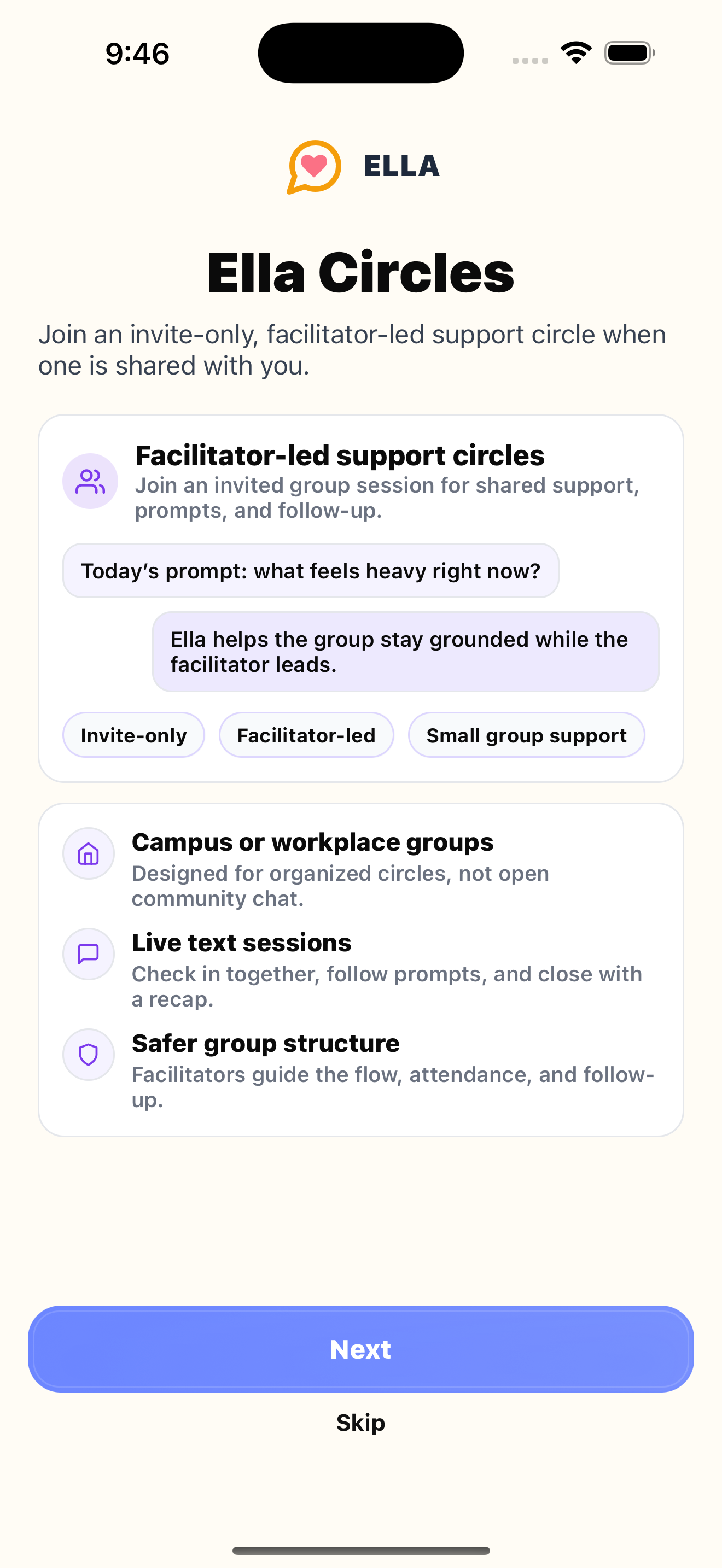 Ella Circles onboarding screen